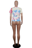 White Blue Yellow purple colour O Neck Short Sleeve Patchwork Print Character Tops