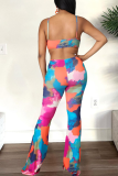 Tibetan Blue Sexy Print Hollowed Out Spaghetti Strap Boot Cut Jumpsuits