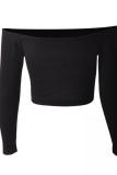 Red One word collar Long Sleeve Solid Slim fit Patchwork crop top 