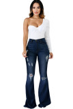 Dark Blue Denim Zipper Fly Button Fly High Pocket washing Hole Solid Zippered Boot Cut Pants 