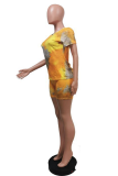 Yellow Casual Print Patchwork O Neck Short Sleeve Two Pieces