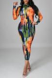 Multicolor Sexy Print Patchwork Zipper Collar Pencil Skirt Dresses