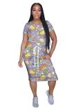 Grey Fashion adult Street White Black Grey Orange Yellow Black Green cartoon Multi-color Cap Sleeve Short Sleeves O neck A-Line Mid-Calf Print Patchwork Ombre bandage Colouring Dresses