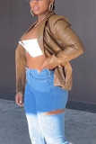 Khaki Fashion Casual Solid Cardigan Turndown Collar Outerwear