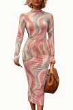 Green Sexy Milk Fiber Print O Neck Long Sleeve Ankle Length Pencil Skirt Dresses