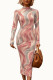 Pink Sexy Milk Fiber Print O Neck Long Sleeve Ankle Length Pencil Skirt Dresses