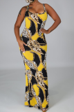 Blue Casual Print Patchwork Spaghetti Strap Trumpet Mermaid Dresses