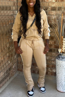 Khaki Fashion Casual Patchwork Patchwork Zipper Collar Long Sleeve Two Pieces