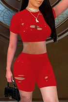 Red Fashion Casual Solid Ripped Hollowed Out O Neck Short Sleeve Two Pieces