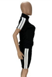 Grey Casual Sportswear Letter Embroidered Patchwork Zipper Collar Short Sleeve Two Pieces