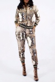 Snake Print Casual Animal Print Patchwork Zipper Collar Long Sleeve Two Pieces