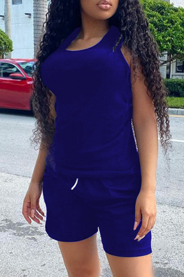 Royal Blue Fashion Casual Solid Basic O Neck Sleeveless Two Pieces