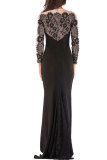Blue Fashion Long Sleeves O neck Slim Dress Floor-Length Patchwork 