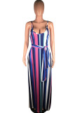 Blue Fashion Street White Blue Orange Yellow Light Blue Dark Blue Spaghetti Strap Sleeveless Slip Swagger Floor-Length Striped Print Dresses