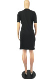 Black Fashion Casual Solid Slit V Neck Short Sleeve Two Pieces