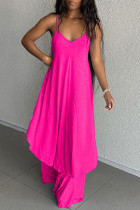 Rose Red Sexy Casual Solid Asymmetrical Spaghetti Strap Long Dress