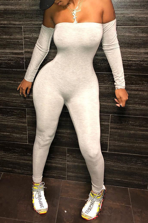 White street Solid Long Sleeve one word collar Jumpsuits