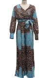 Blue Casual Print Patchwork V Neck Regular Jumpsuits