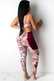 Wine Red Fashion Sexy adult Ma'am Patchwork Print Two Piece Suits pencil Sleeveless Two Pieces