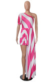Red Street Striped Print Patchwork Asymmetrical Oblique Collar Irregular Dress Dresses