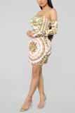 White England Off The Shoulder Long Sleeves One word collar Step Skirt Mini Print backless asymmetrical Dresses