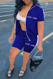 Grey Casual Sportswear Letter Embroidered Patchwork Zipper Collar Short Sleeve Two Pieces
