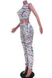 Blue Fashion Casual Print Basic O Neck Sleeveless Two Pieces