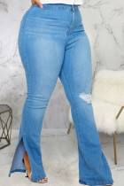 Blue Sexy Solid Ripped Slit Mid Waist Regular Denim