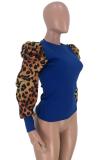 Wine Red Nylon O Neck Long Sleeve Leopard Print Patchwork Slim fit 