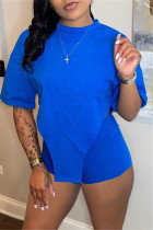 Blue Fashion Casual Solid Asymmetrical O Neck Short Sleeve Two Pieces