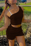 Grey Fashion Casual Solid Backless One Shoulder Sleeveless Two Pieces