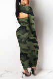 Green Street Print Leopard O Neck Long Sleeve Two Pieces