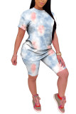 Pink Fashion Casual adult Patchwork Tie Dye Two Piece Suits pencil Short Sleeve Two Pieces