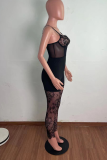 Black Sexy Patchwork Mesh Spaghetti Strap Skinny Jumpsuits