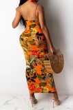 Orange Sexy Print Patchwork Spaghetti Strap Pencil Skirt Dresses