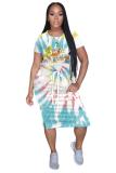 Blue Fashion Casual adult White Blue Green Pink Yellow Multi-color multicolor Cap Sleeve Short Sleeves O neck A-Line Mid-Calf Print Patchwork Ombre bandage Dresses