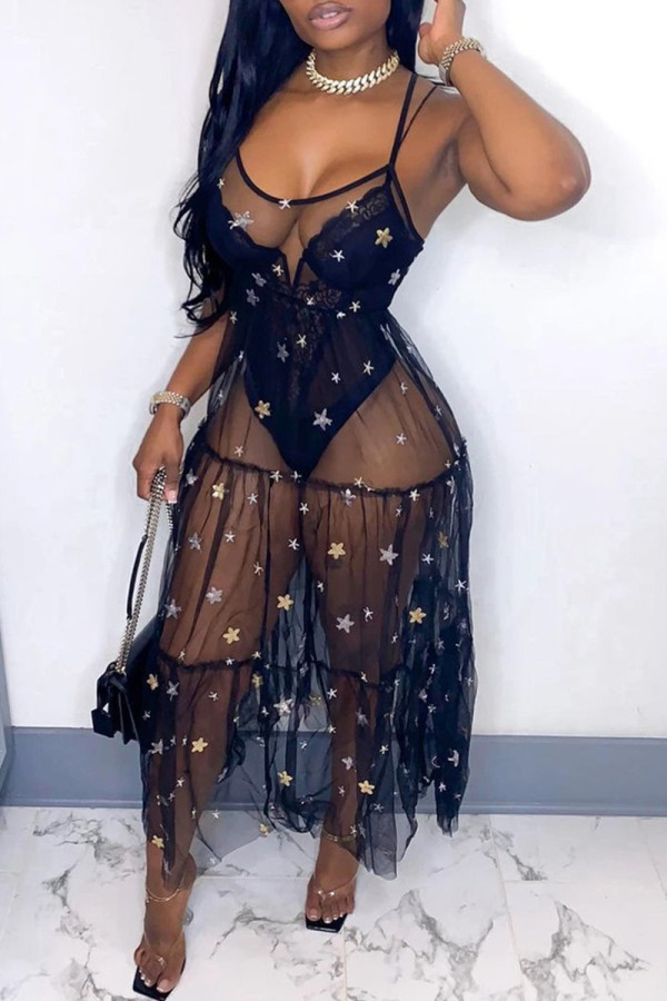 Black Sexy Hollowed Out See-through Backless Spaghetti Strap Sleeveless Dress