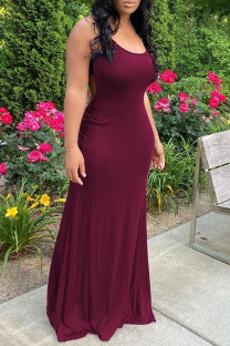 Burgundy Fashion Sexy Solid Backless Spaghetti Strap Sleeveless Dress Dresses