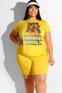 Yellow Fashion Casual adult Ma'am O Neck Patchwork Print Two Piece Suits Pattern Plus Size