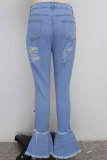Light Blue Denim Button Fly Sleeveless High Patchwork Solid Hole Old Boot Cut Pants Bottoms