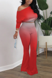 Baby Blue Sexy Gradual Change Patchwork One Shoulder Half Sleeve Two Pieces