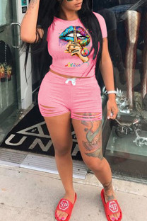 Pink Fashion Sexy adult Letter Patchwork Print Hole Burn-out Lips Print pencil Short Sleeve Two Pieces