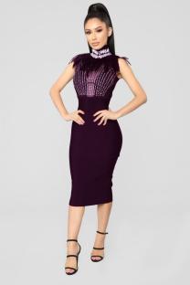 Dark Purple Sexy Fashion Tank Sleeveless O neck Step Skirt Knee-Length lace Patchwork Feather Club Dr