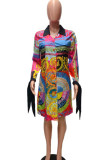 Red British Style Print Turndown Collar Long Sleeve Knee Length Dresses