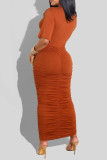 Orange Sexy Casual Solid Hollowed Out Fold O Neck Short Sleeve Dress