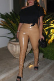 Khaki Sexy Spandex Faux Leather Solid Slit Fold Pants Skinny Bottoms