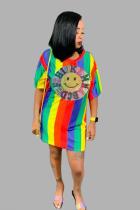 Multi-color Casual Fashion Cap Sleeve Half Sleeves O neck Straight Mini Character Rainbow Casual Dres
