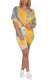 Mustard yellow Fashion Sexy adult Patchwork Print Tie Dye Two Piece Suits Straight Short Sleeve Two Pieces