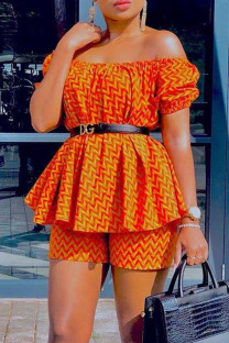 Orange Fashion Casual Print Without Belt Spaghetti Strap Short Sleeve Two Pieces
