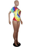 Blue White Blue Orange Yellow colour O Neck Short Sleeve Patchwork Print Character Tops